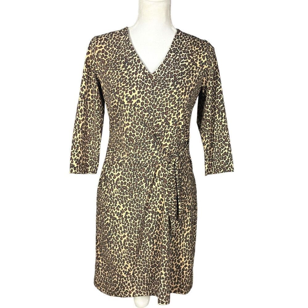 Katherine Way Animal Print Faux Wrap Dress Size XS 3/4 Sleeves Black Tan Career - Picture 2 of 9